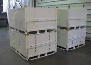 Metal shipping bins in a Swanton Welding facility.