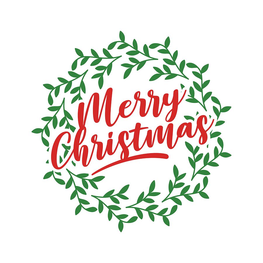 Merry Christmas greeting with a green wreath.